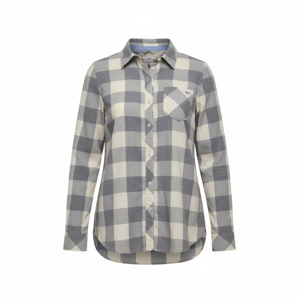 Vineyard Vines Relaxed Buffalo Check Button Down Shirt Women 6 Gray White Plaid